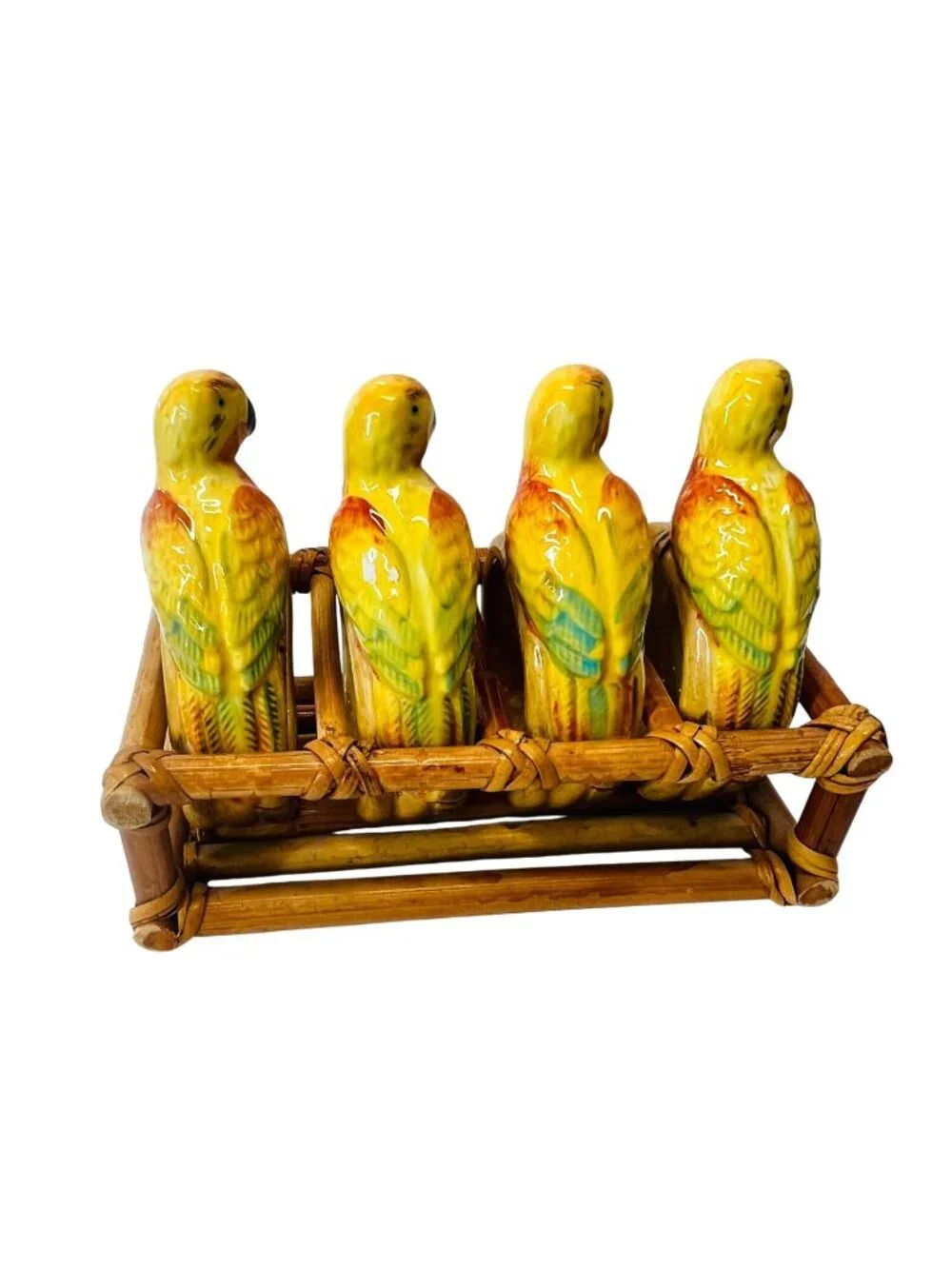Retro 1980s Ceramic Parrot Napkin Rings & Bamboo Caddy Set MCM Tropical Decor